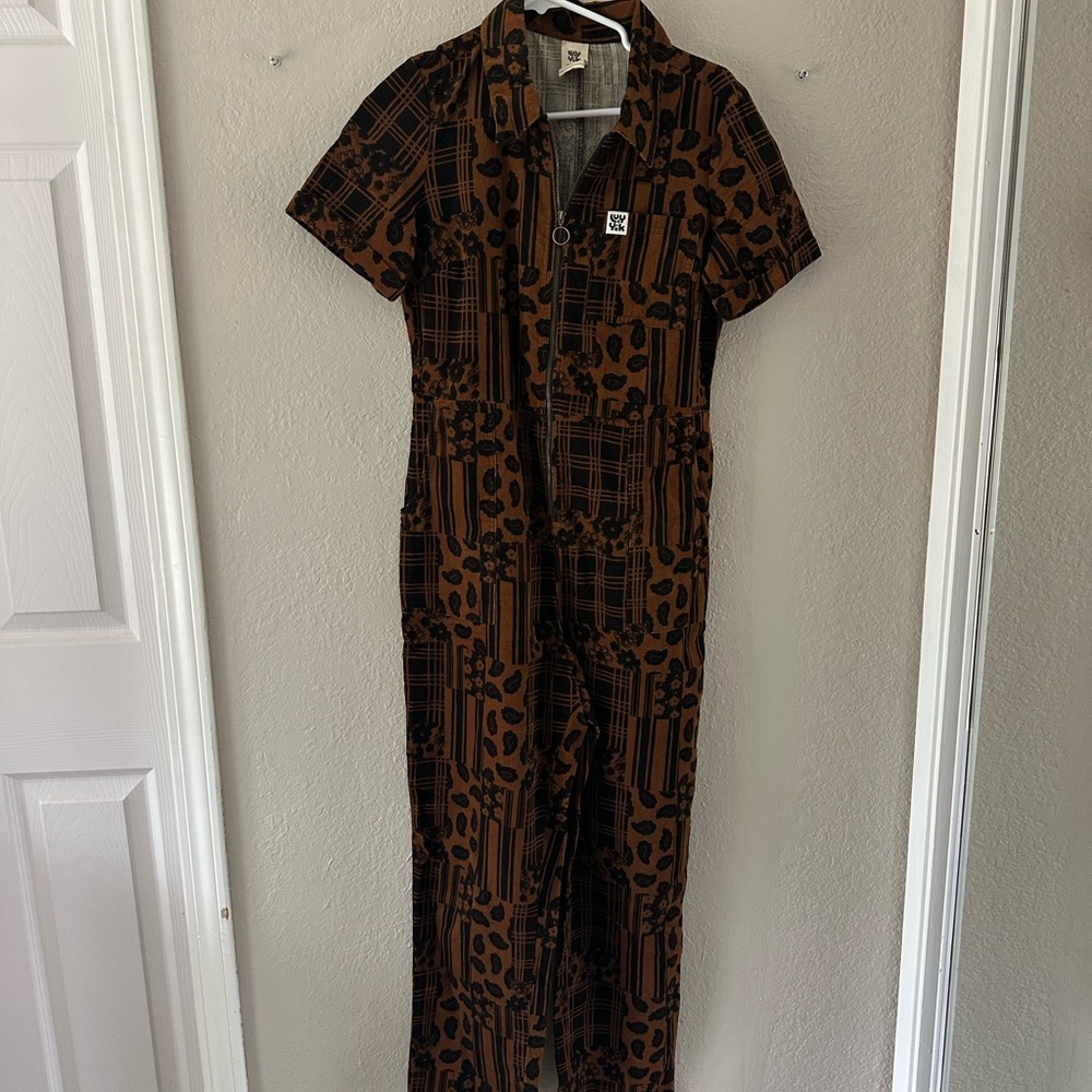 Lucy & Yak Brown and Black Short Sleeve Zip-Front Jumpsuit